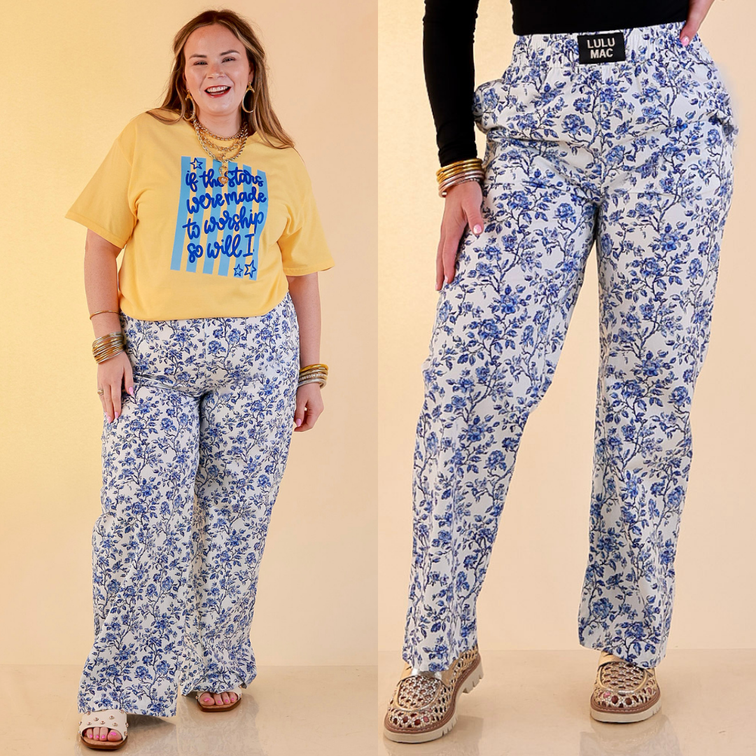 Lulu Mac | Casual Agenda Floral Toile Print Boxer Pants with Elastic Waistband in Blue