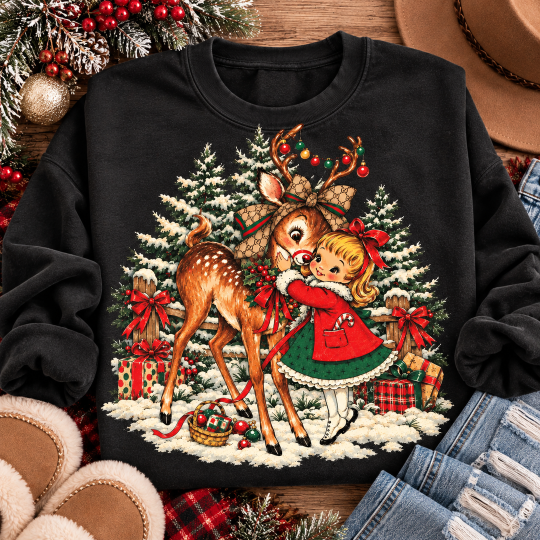 Luxury Deer Christmas graphic tee or sweatshirt on black with a vintage fawn and little girl with a Christmas tree and presents