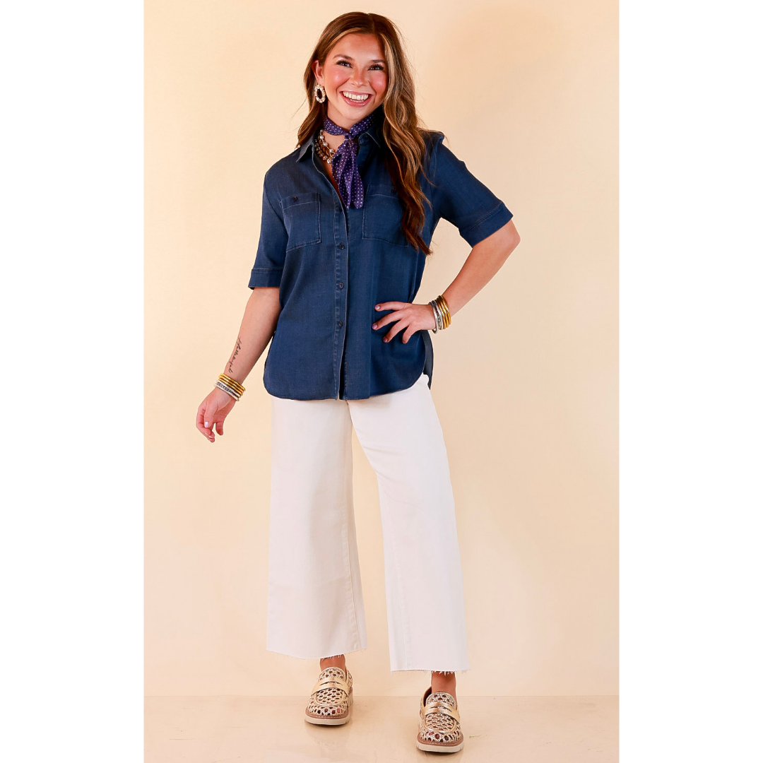 Lyssé | Best Dressed Short Sleeve Button Down Chambray Denim Shirt in Dark Wash