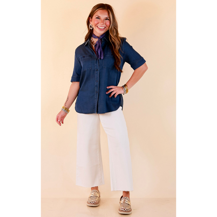 Lyssé | Best Dressed Short Sleeve Button Down Chambray Denim Shirt in Dark Wash