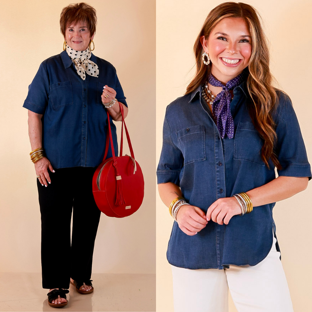 Lyssé | Best Dressed Short Sleeve Button Down Chambray Denim Shirt in Dark Wash