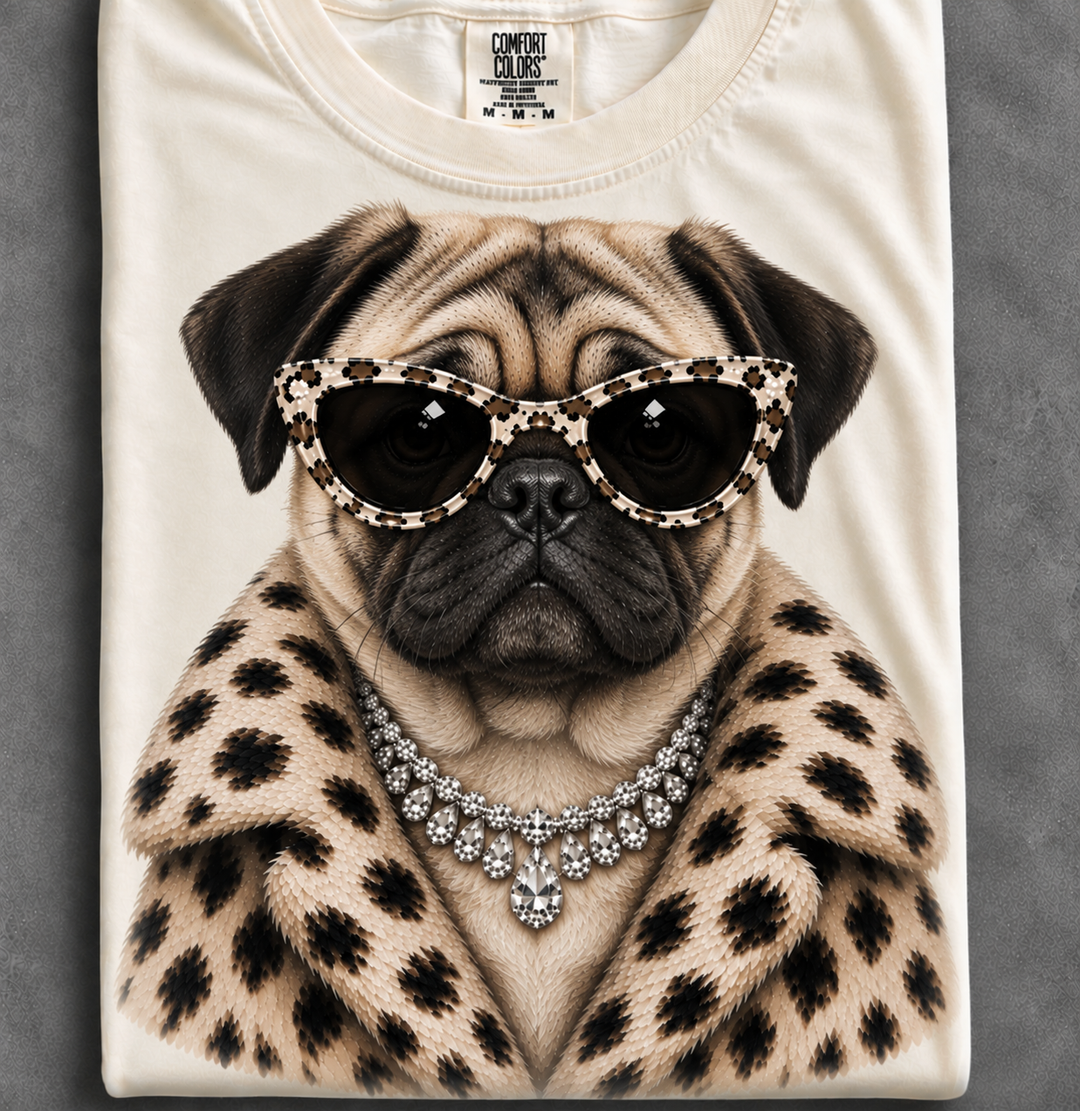Custom Made to Order | Fur Coat Energy Pug Faux Jewelry Printed Graphic Design Tee or Sweatshirt in Multiple Printing Options on Ivory