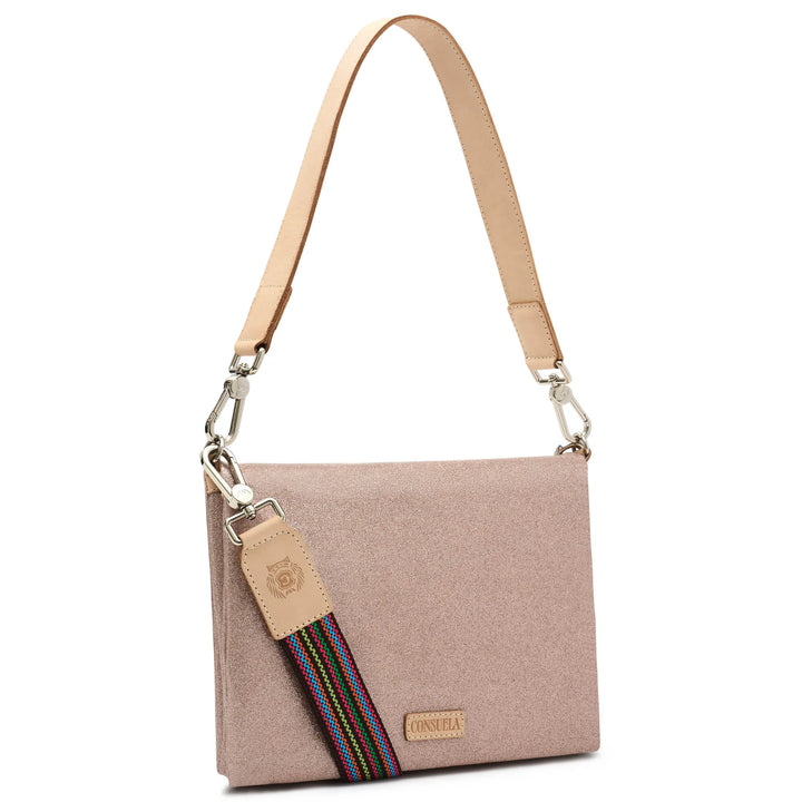 A dusty pink felt shoulder bag with a tan leather strap and a colorful striped fabric accent, shown on a plain white background.