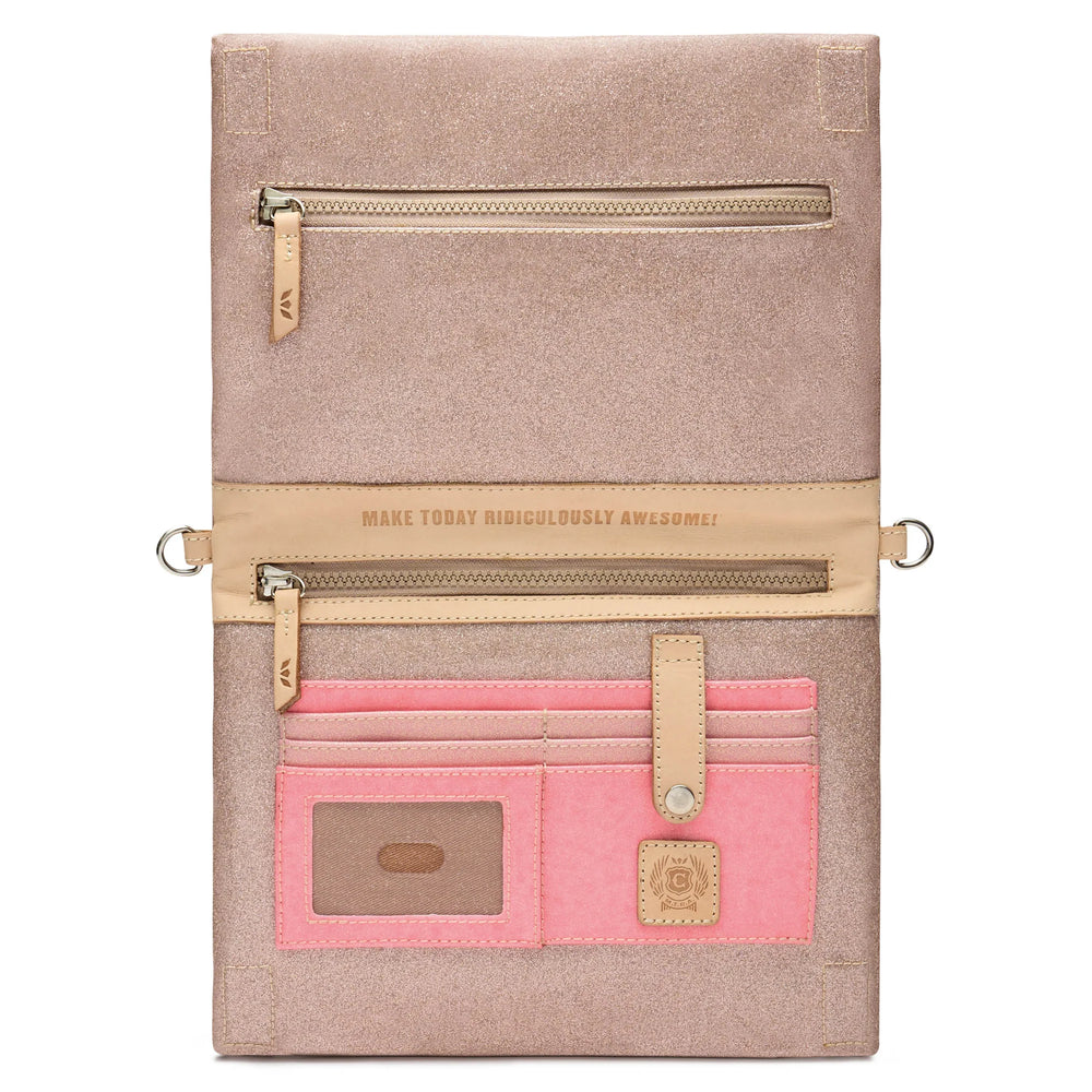 A structured tablet sleeve or organizer in a textured dusty rose pink material, featuring a top zippered pocket, a horizontal tan leather band with the text 'MAKE TODAY RIDICULOUSLY AWESOME!', a lower zippered pocket, card slots, and a pink ID window section with tan leather accents.