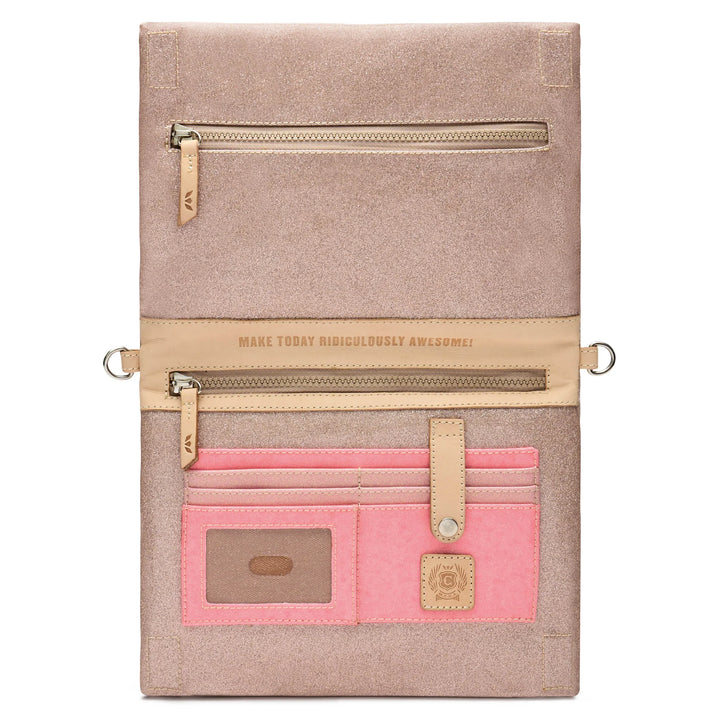 A structured tablet sleeve or organizer in a textured dusty rose pink material, featuring a top zippered pocket, a horizontal tan leather band with the text &