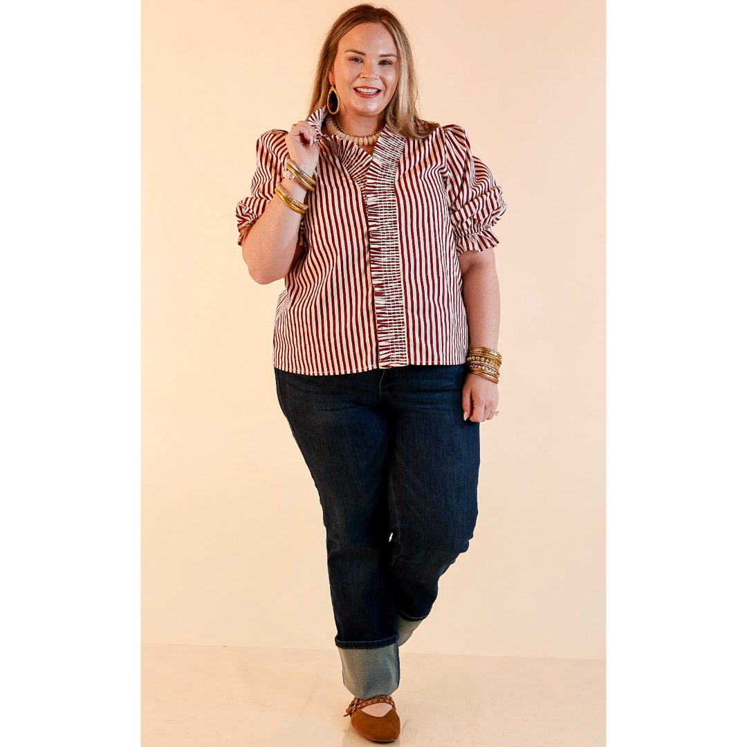 Made You Look Striped Ruffle Front and Sleeve Detailing with Puff Sleeves Blouse in Maroon and Ivory
