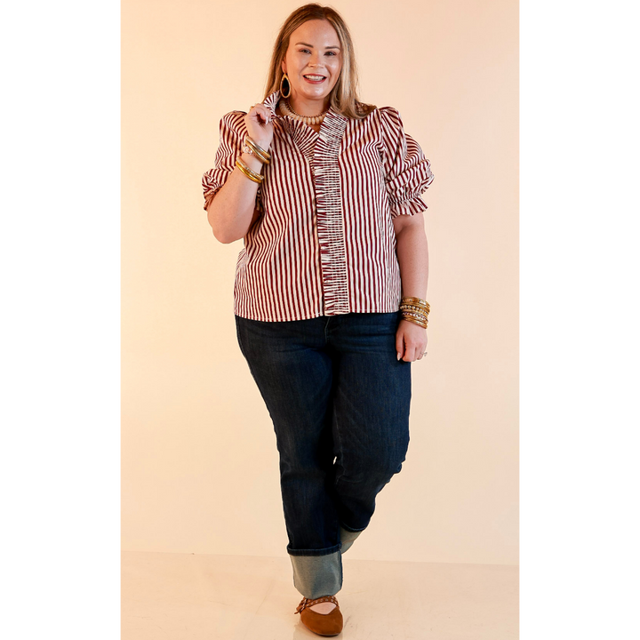 Made You Look Striped Ruffle Front and Sleeve Detailing with Puff Sleeves Blouse in Maroon and Ivory