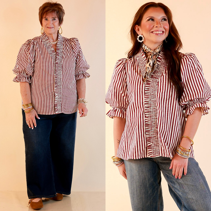 Made You Look Striped Ruffle Front and Sleeve Detailing with Puff Sleeves Blouse in Maroon and Ivory