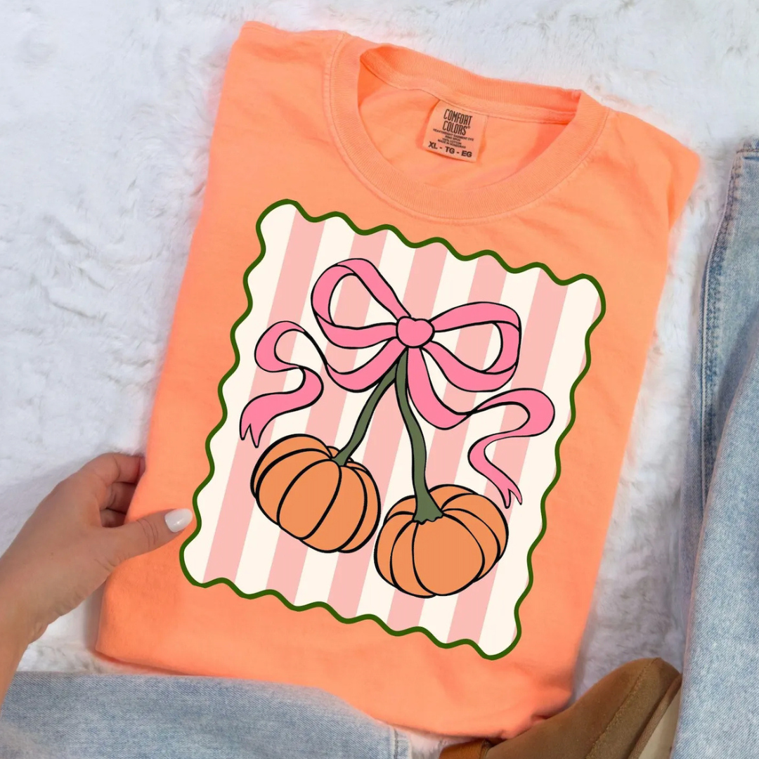 Made to Order | Pumpkin Cherry Design Graphic Design Tee or Sweatshirt in Multiple Printing Options on Cream or Coral