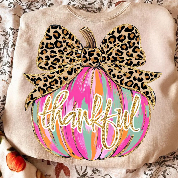 Made to Order | Thankful Leopard Bow Pumpkin Graphic Design Tee or Sweatshirt in Multiple Printing Options on White or Cream