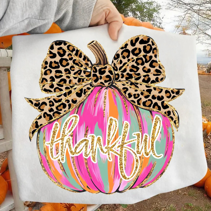 Made to Order | Thankful Leopard Bow Pumpkin Graphic Design Tee or Sweatshirt in Multiple Printing Options on White or Cream