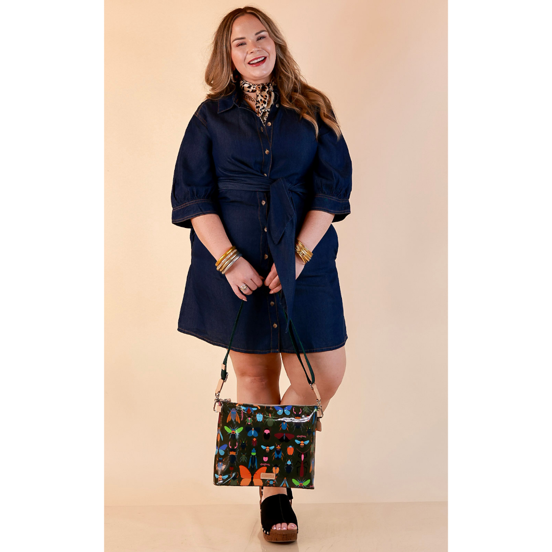 Made for the Moment Tie Waist Button Front Denim Dress in Dark Wash
