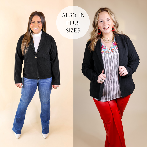 Model is wearing a corduroy blazer with a single button in black. Model on the left has this blazer paired with jeans and boots, and the model on the right has it paired with an embroidered top, red pants, and red jewelry. 