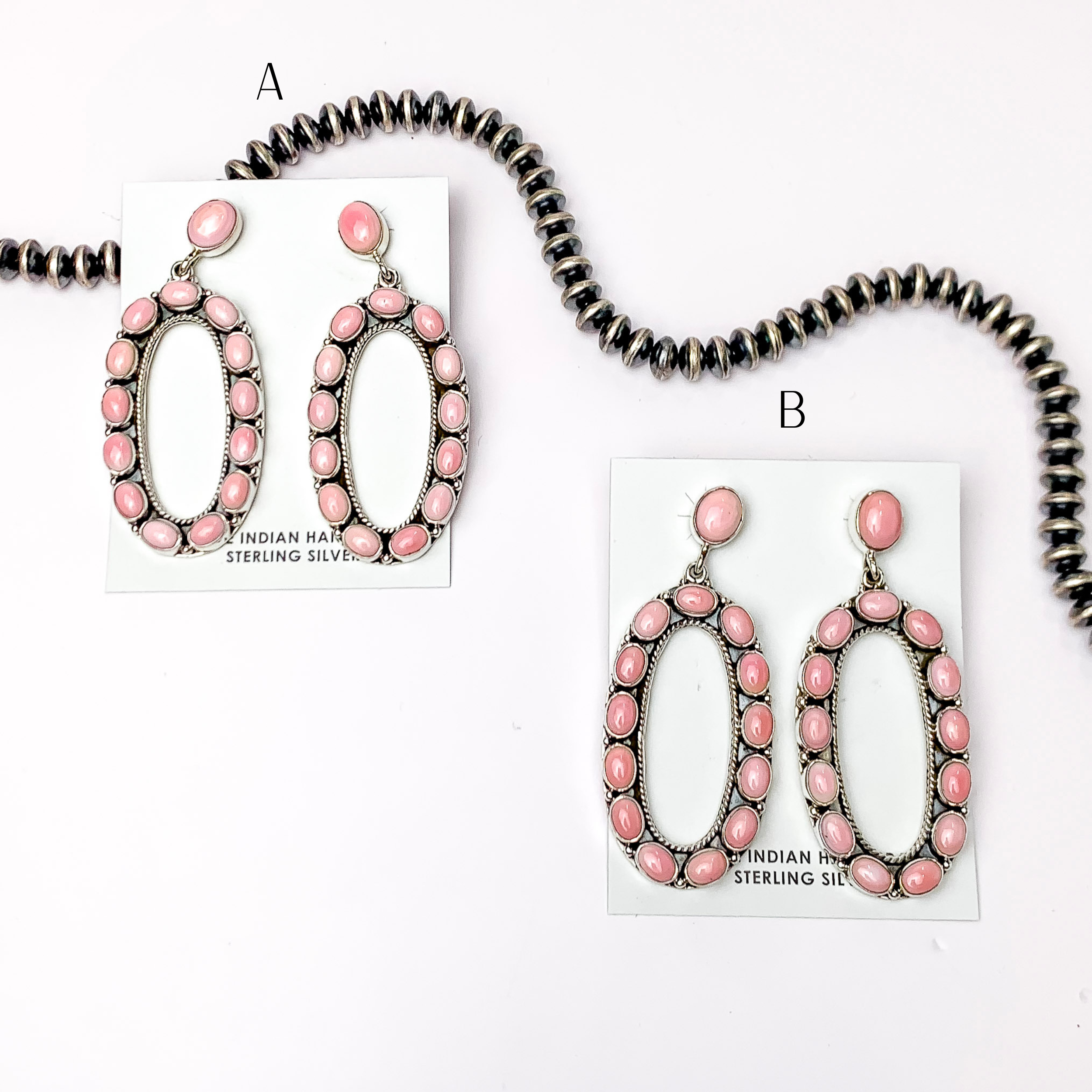 Navajo | Navajo Handmade Sterling Silver Oval Drop Earrings with Pink Conch Stones - Giddy Up Glamour Boutique