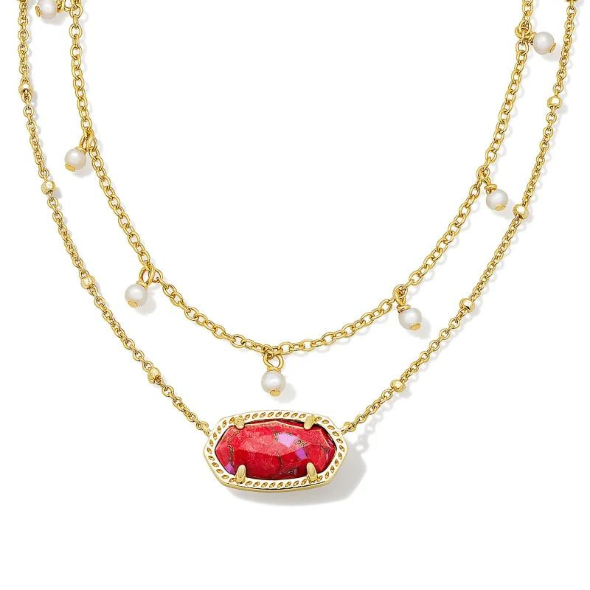 Kendra Scott | Elisa Gold Pearl Multi Strand Necklace in Bronze Veined Red Fuchsia Magnesite. Pictured on a white background.