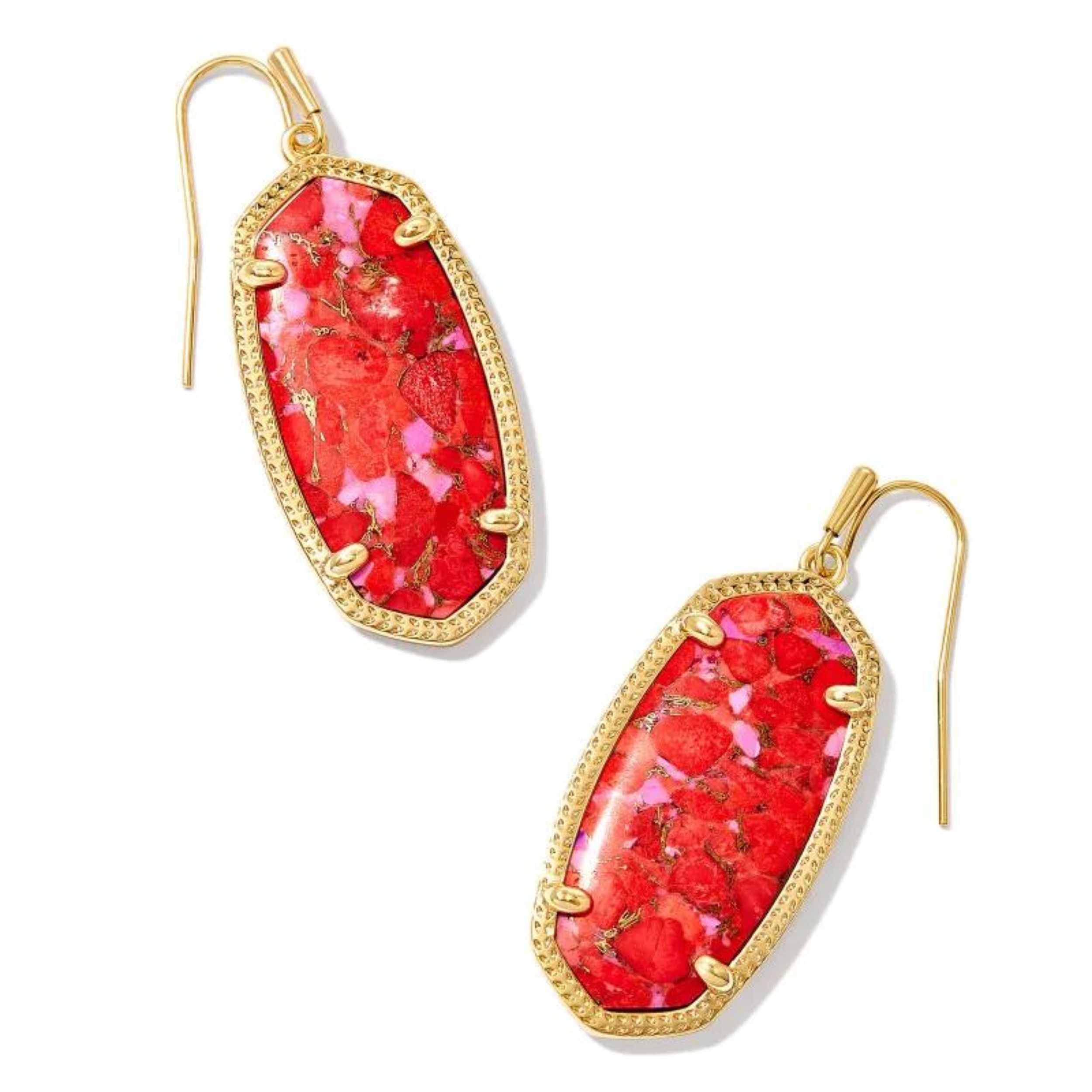 Kendra Scott | Elle Gold Drop Earrings in Bronze Veined Red Fuchsia Magnesite. Pictured on a white background.