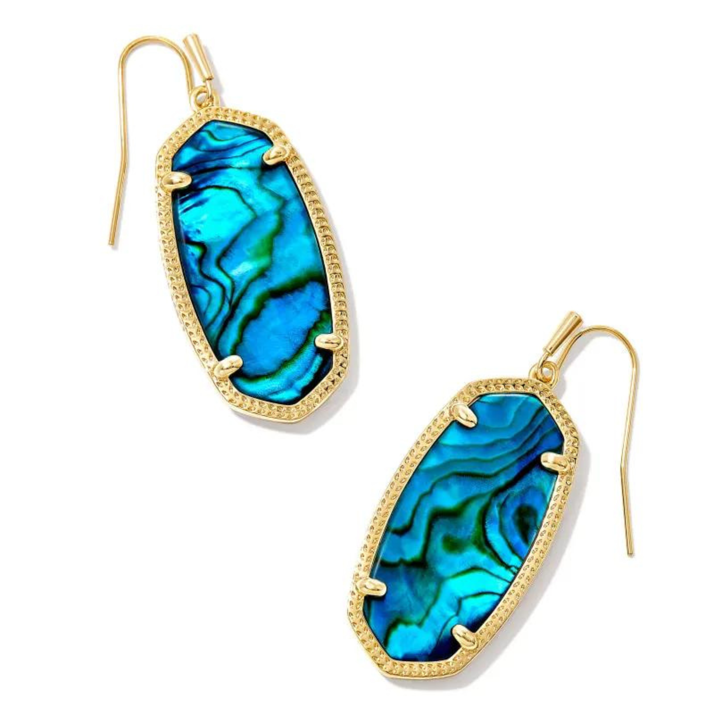 Kendra Scott | Elle Gold Drop Earrings in Teal Abalone. Pictured on a white background.