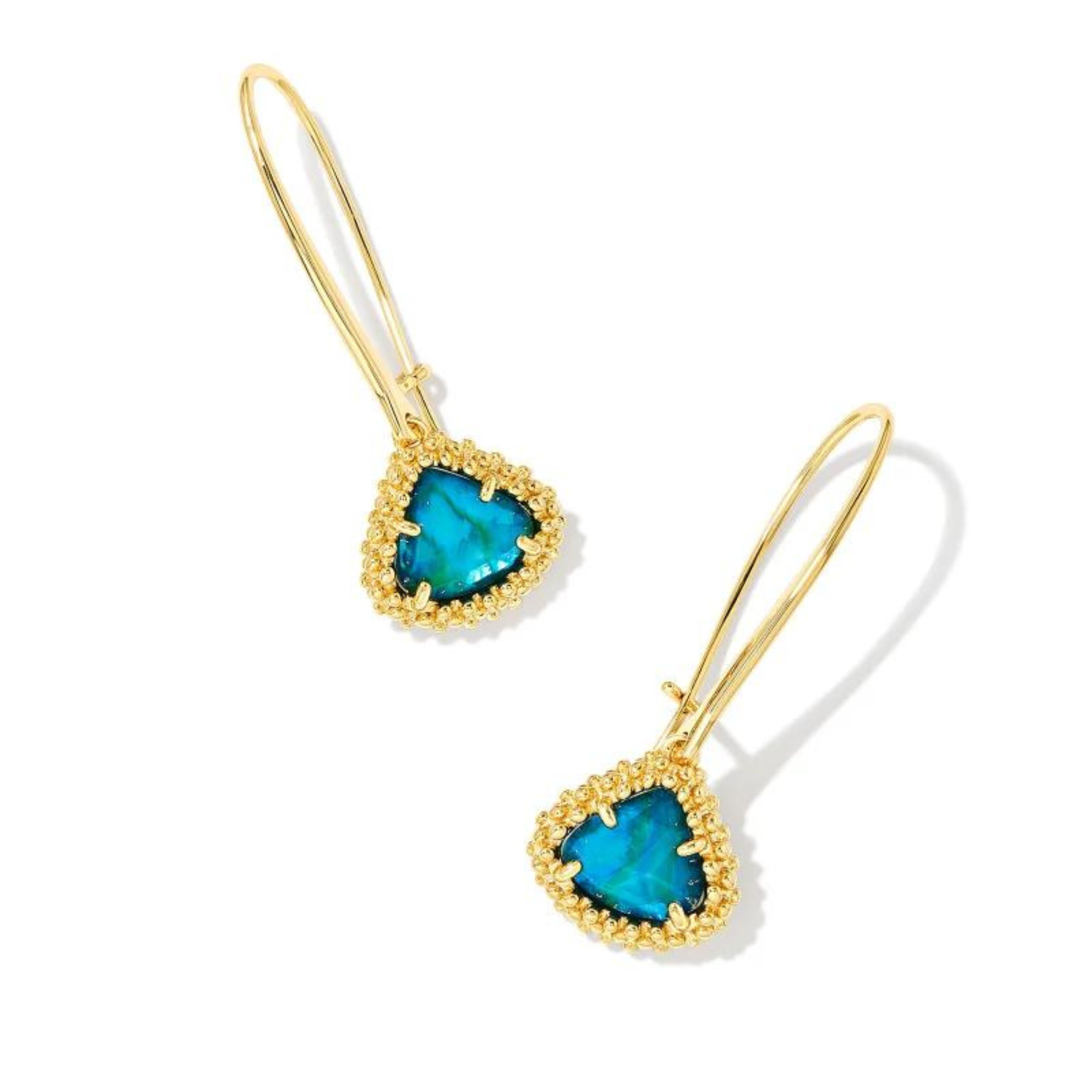 Kendra Scott | Framed Kendall Gold Wire Drop Earrings in Teal Abalone. Pictured on a white background.