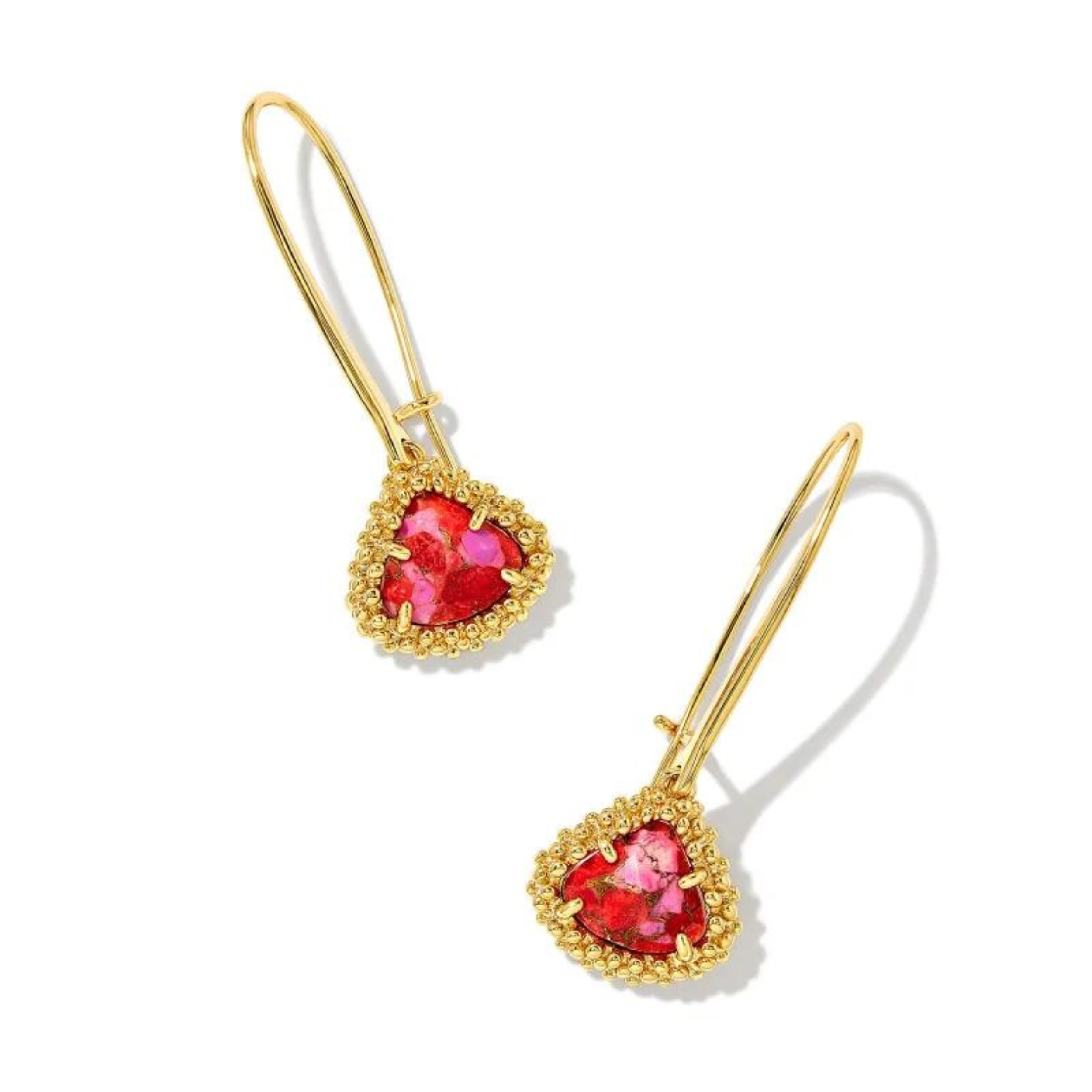 Kendra Scott | Framed Kendall Gold Wire Drop Earrings in Bronze Veined Red and Fuchsia Magnesite. Pictured on a white background.