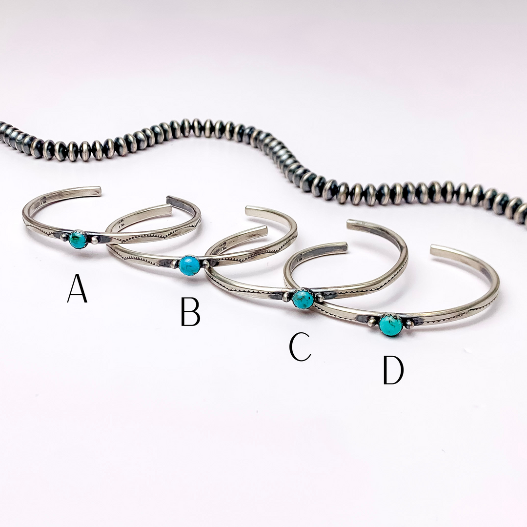 Tahe | Navajo Handmade Detailed Sterling Silver Cuff with Center Turquoise Stone - Giddy Up Glamour Boutique