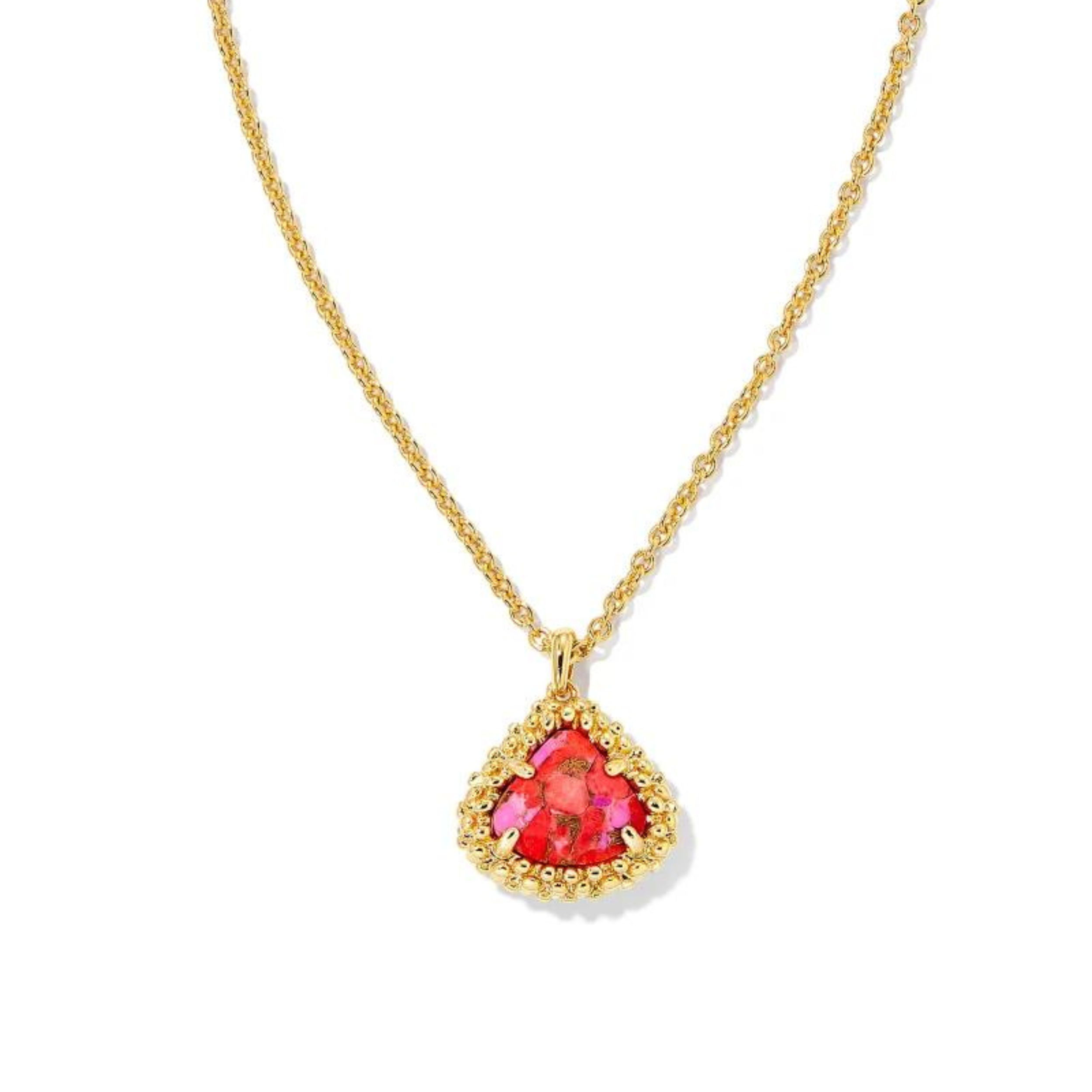 Kendra Scott | Framed Kendall Gold Short Pendant Necklace in Bronze Veined Red Fuchsia Magnesite. Pictured on a white background.