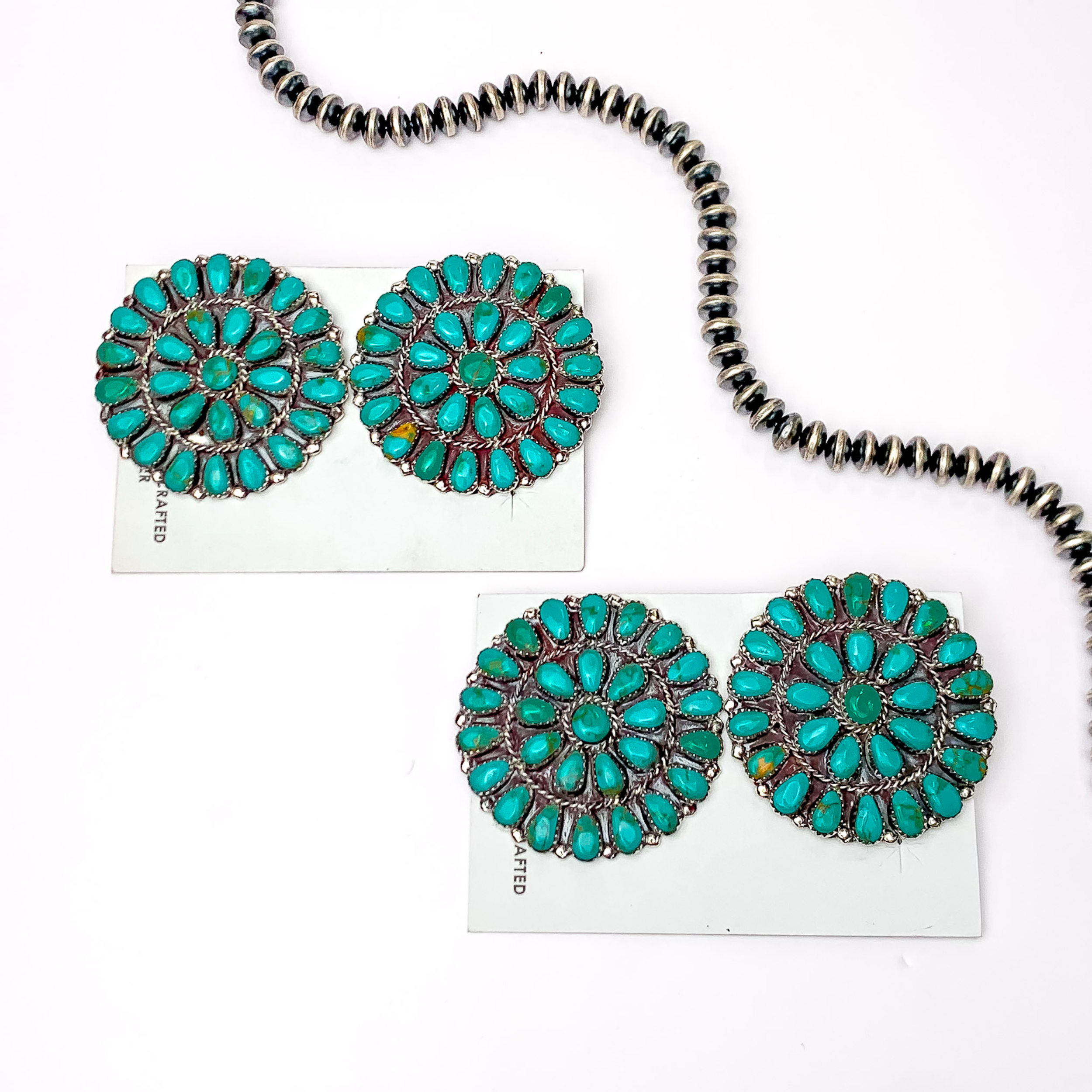 centered in the picture are turquoise earrings in a circle cluster shape with a white background.
