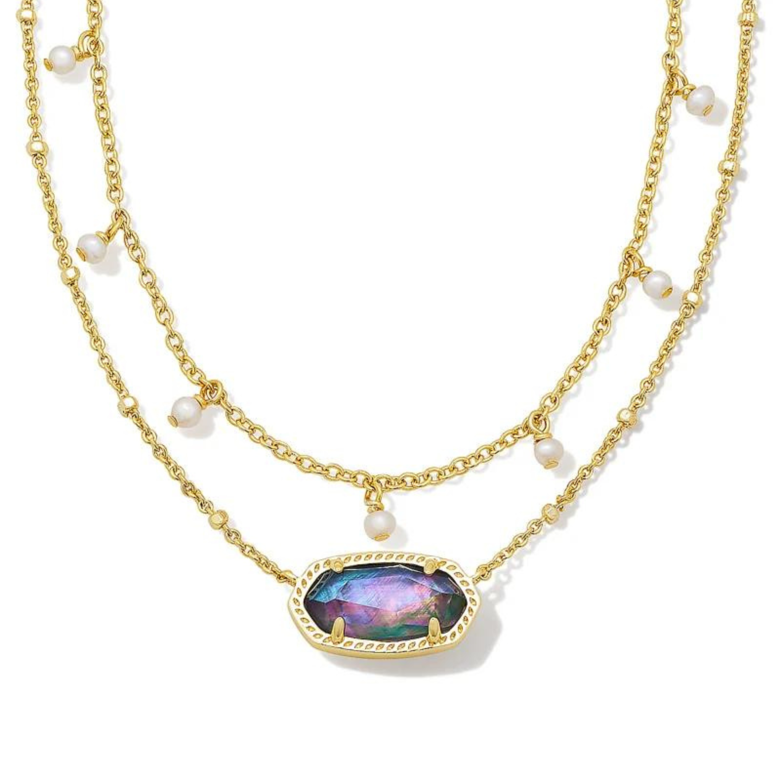 Kendra Scott | Elisa Gold Pearl Multi Strand Necklace in Lilac Abalone. Pictured on a white background.