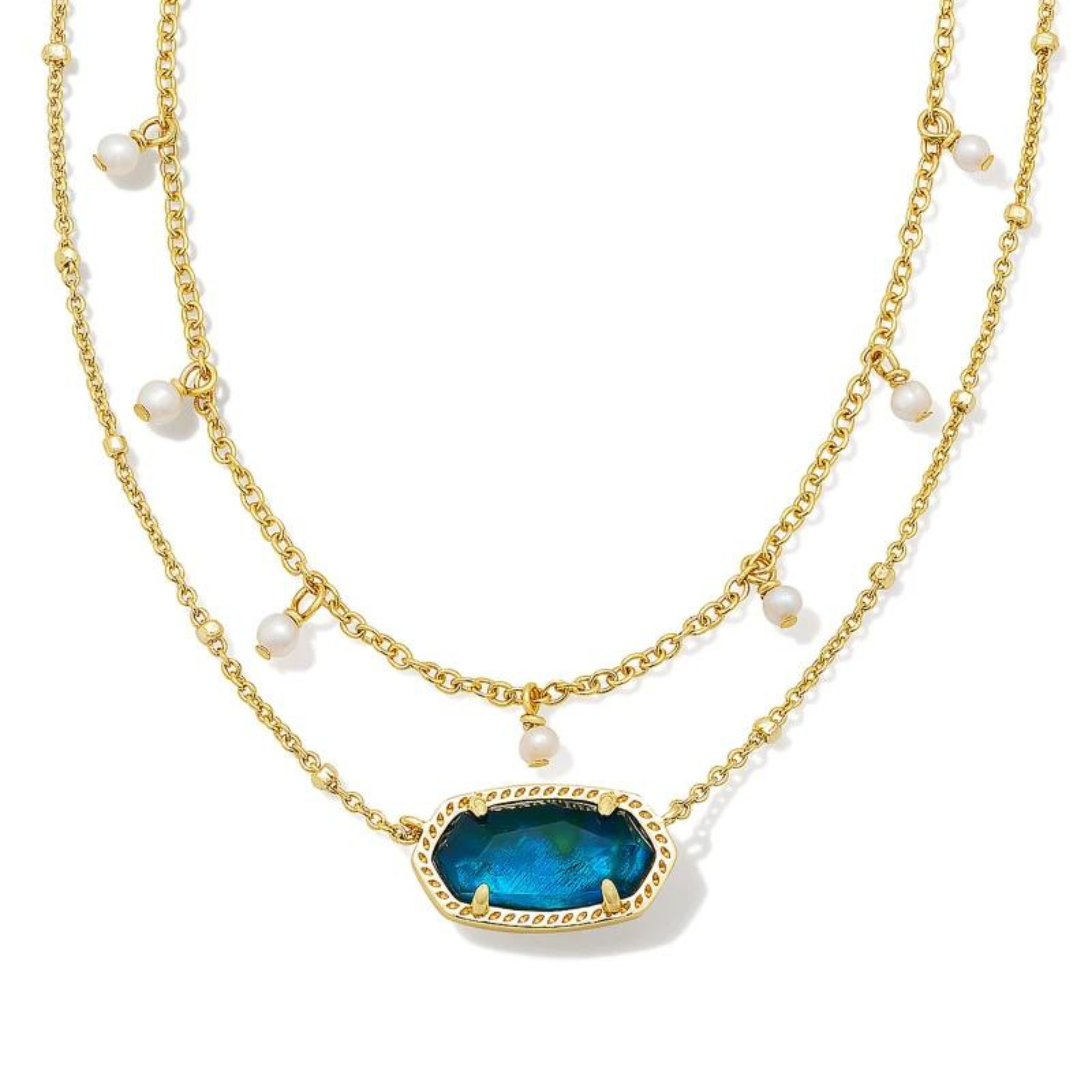 Copy of Kendra Scott | Elisa Gold Pearl Multi Strand Necklace in Teal Abalone. Pictured on a white background.