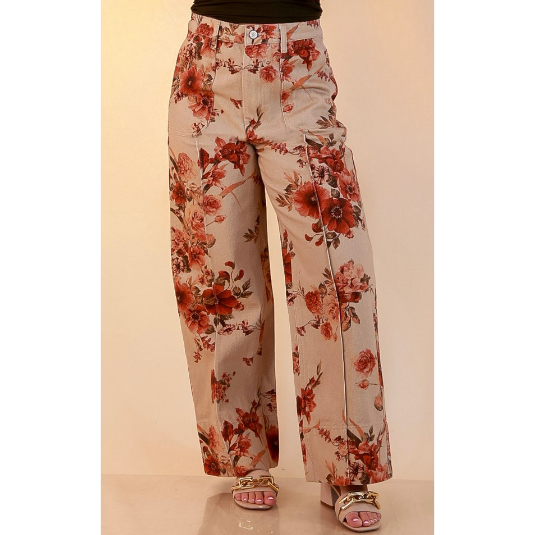 Made to Flourish Floral Print Wide Leg Denim Pants with Front Seam in Tan and Rust