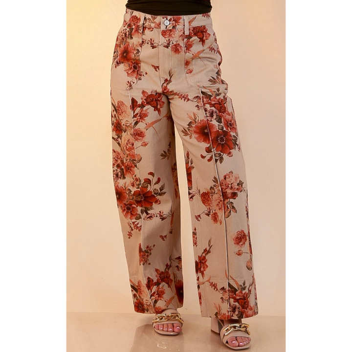 Made to Flourish Floral Print Wide Leg Denim Pants with Front Seam in Tan and Rust
