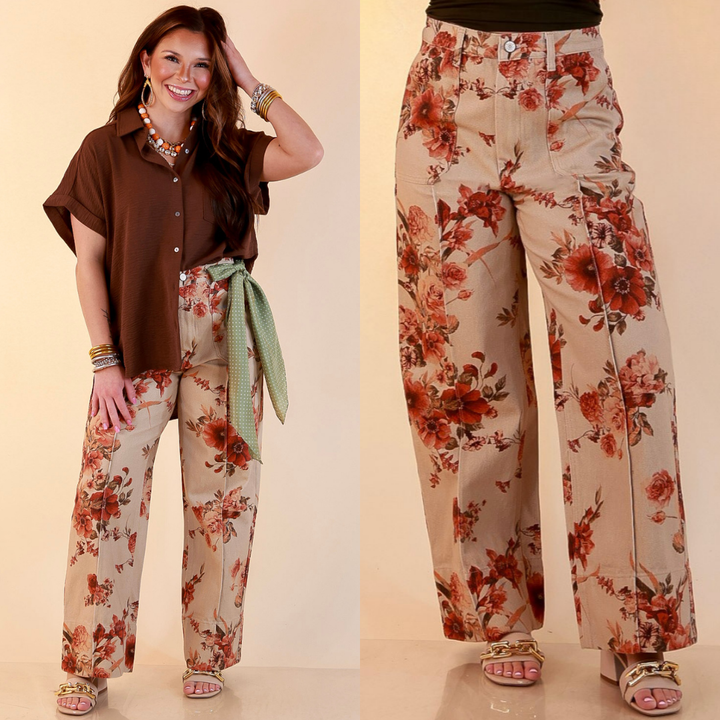 Made to Flourish Floral Print Wide Leg Denim Pants with Front Seam in Tan and Rust