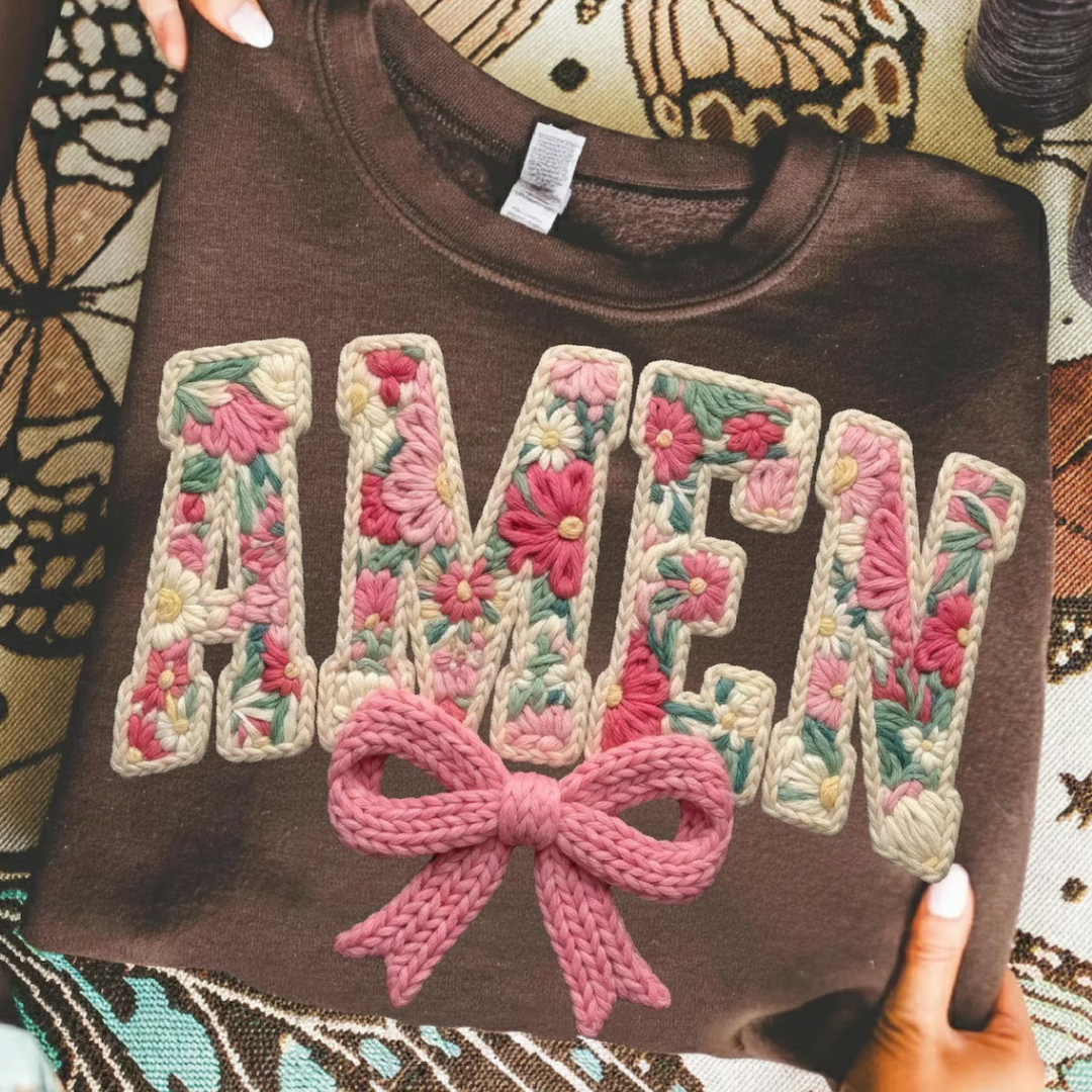 Made to Order | Amen Floral Faux Yarn Design Graphic Design Tee or Sweatshirt in Multiple Printing Options on Brown