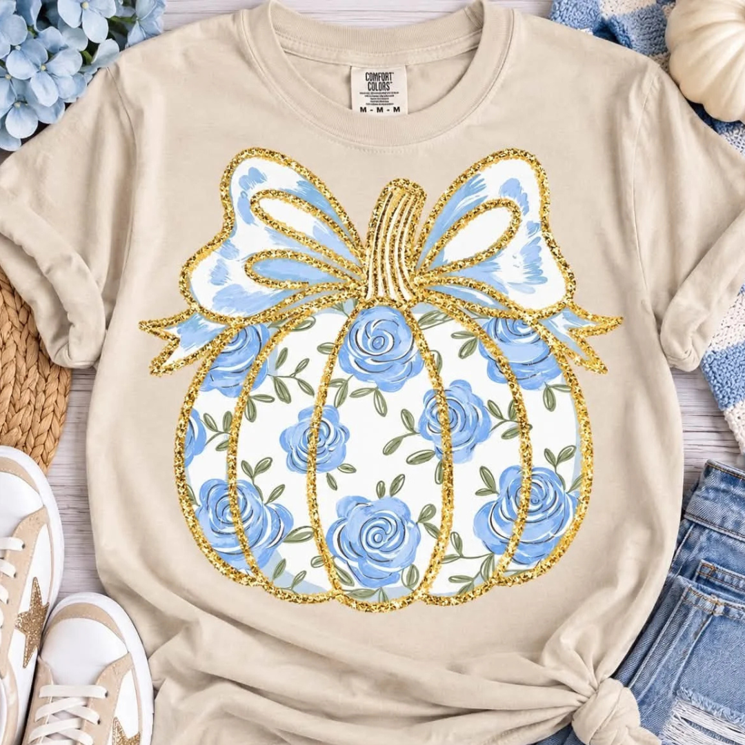 Made to Order | Boho Blues Floral Pumpkin Design Graphic Design Tee or Sweatshirt in Multiple Printing Options on Sand