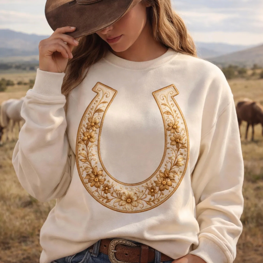 Made to Order | Boho Floral Horseshoe Graphic Tee or Sweatshirt in Multiple Printing Options on Ivory