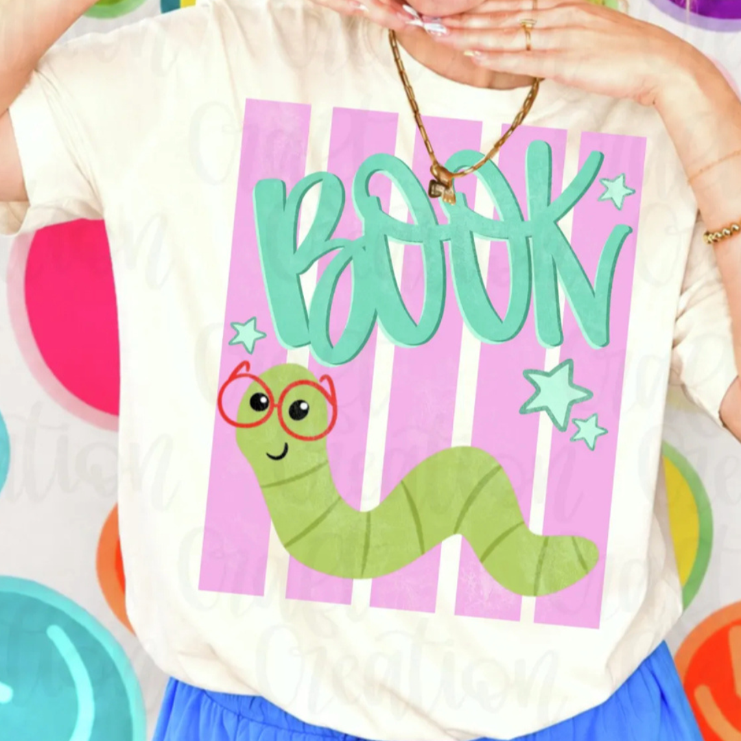 Made to Order |Book Worm Design Tee or Sweatshirt in Multiple Printing Options on Ivory
