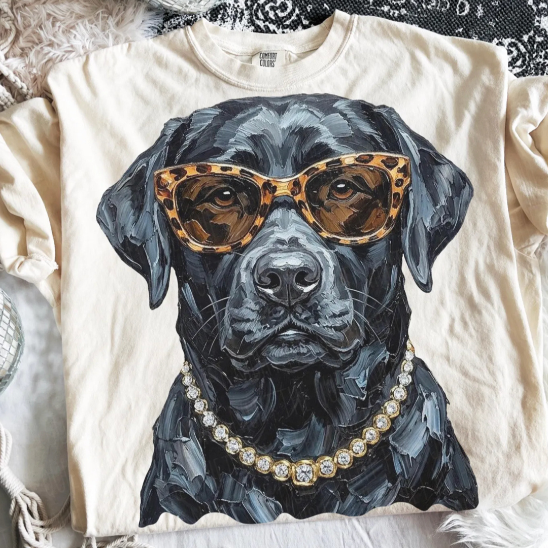 Made to Order | Boujee Black Lab Dog Printed Graphic Design Tee or Sweatshirt in Multiple Printing Options on Ivory