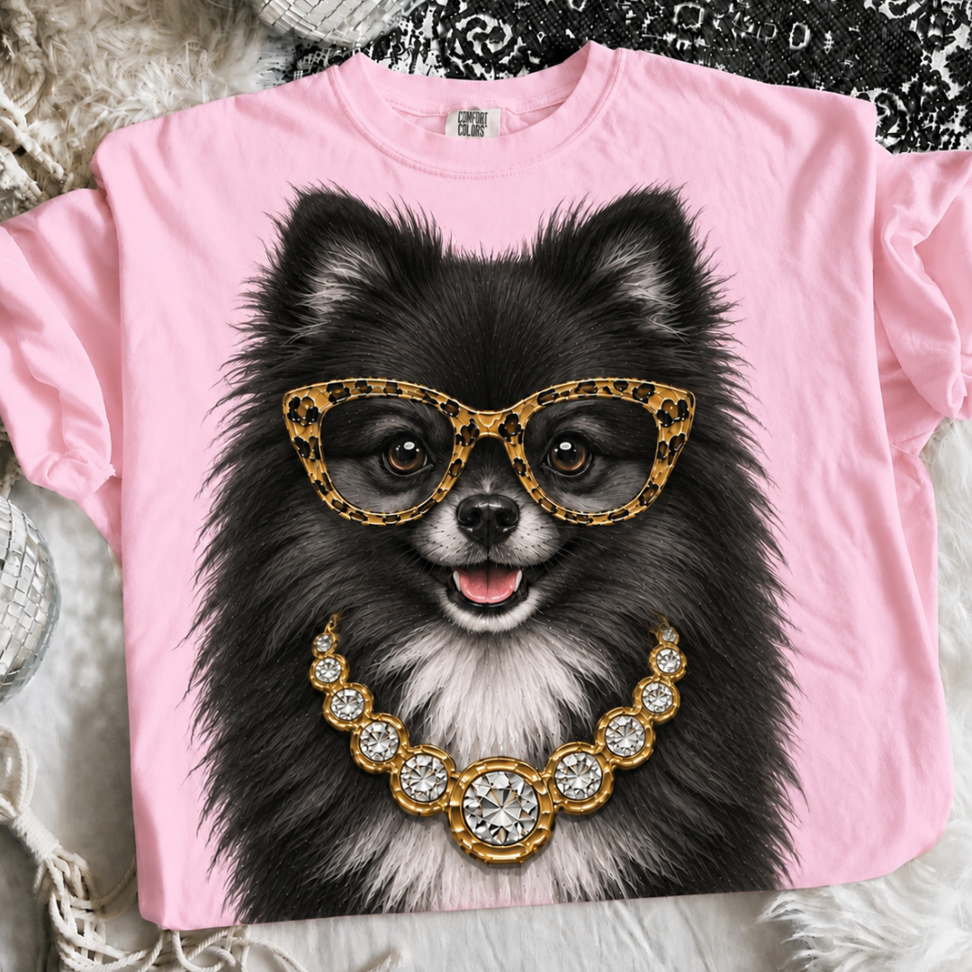 Made to Order | Boujee Black Pomeranian Printed Graphic Design Tee or Sweatshirt in Multiple Printing Options on Light Pink