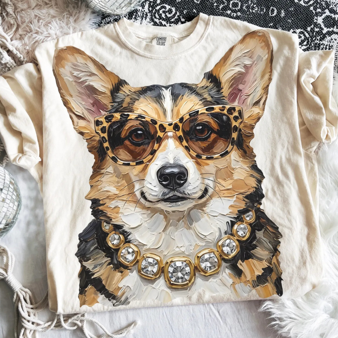Made to Order | Boujee Black/Tan Corgi Printed Graphic Design Tee or Sweatshirt in Multiple Printing Options on Ivory