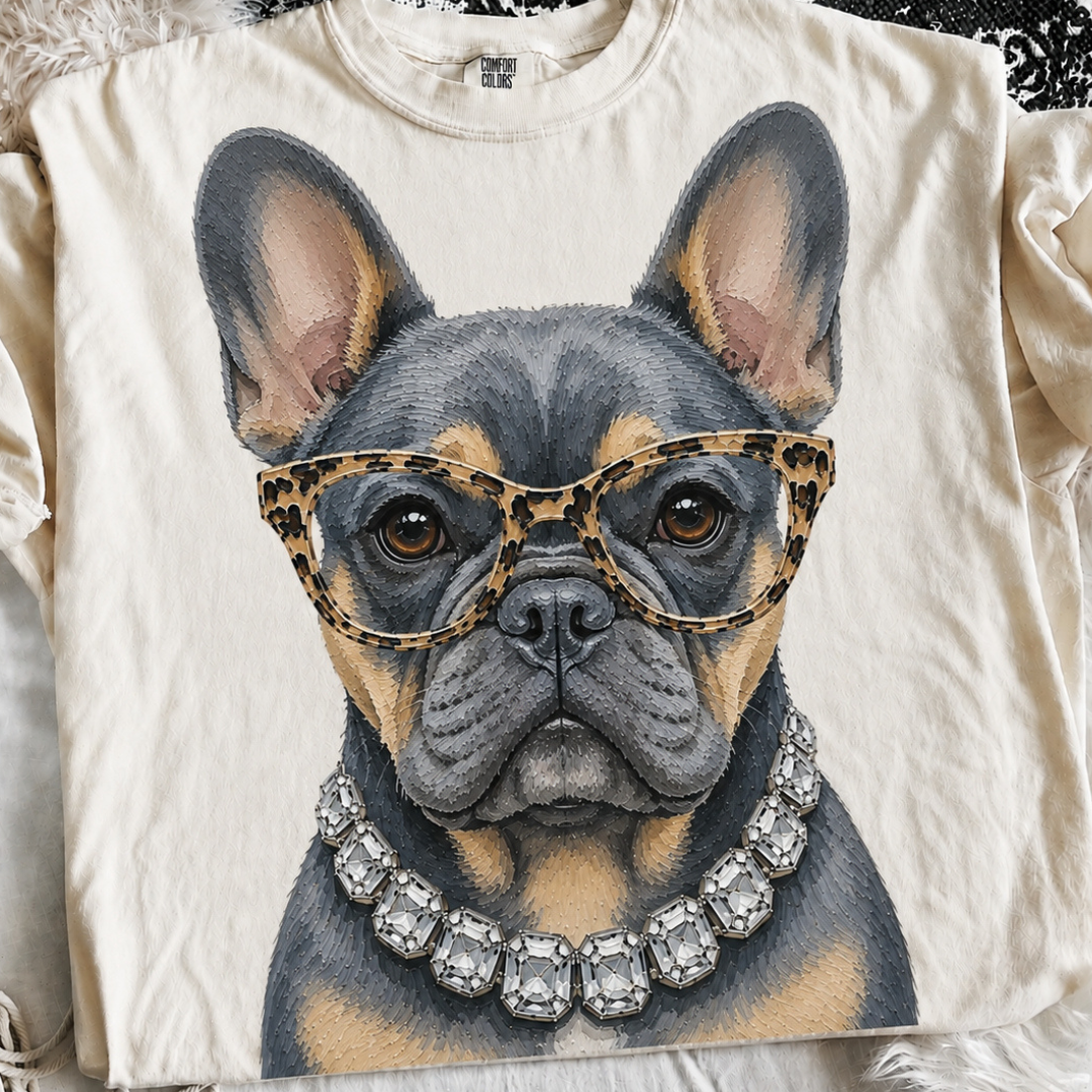 Made to Order | Boujee Blue Frenchie Printed Graphic Design Tee or Sweatshirt in Multiple Printing Options on Ivory