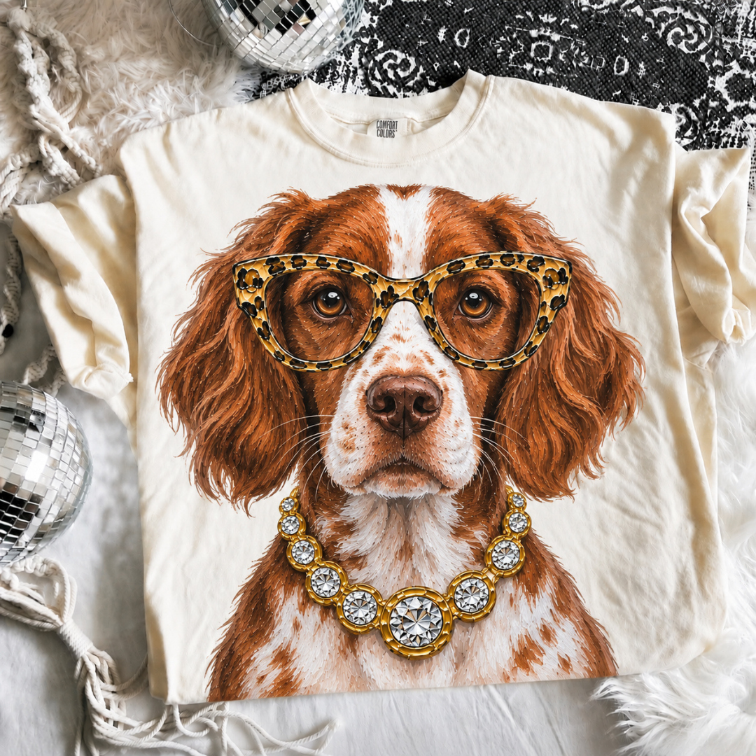 Made to Order | Boujee Brittany Spaniel Printed Graphic Design Tee or Sweatshirt in Multiple Printing Options on Ivory