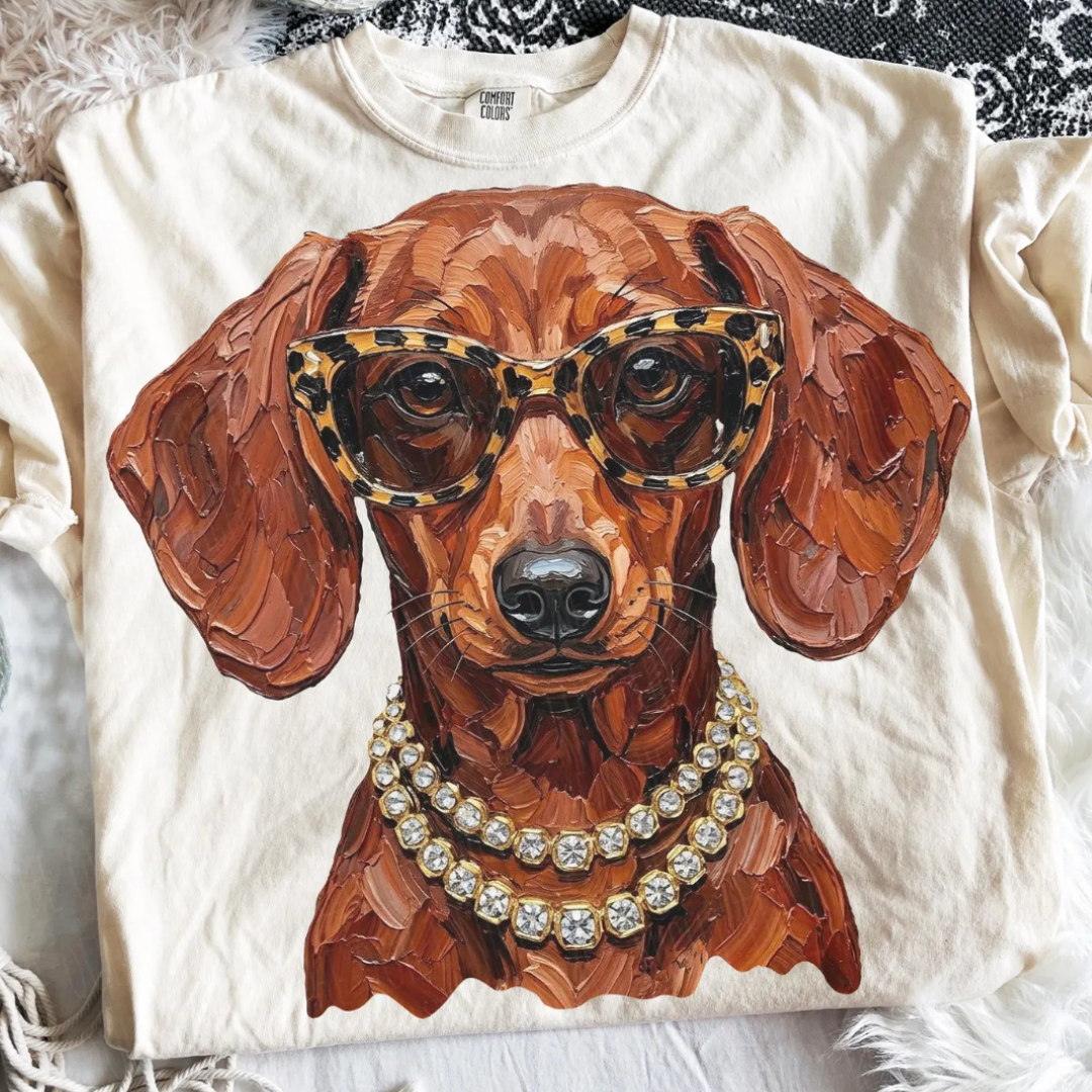 Made to Order | Boujee Brown Dachshund Printed Graphic Design Tee or Sweatshirt in Multiple Printing Options on Ivory