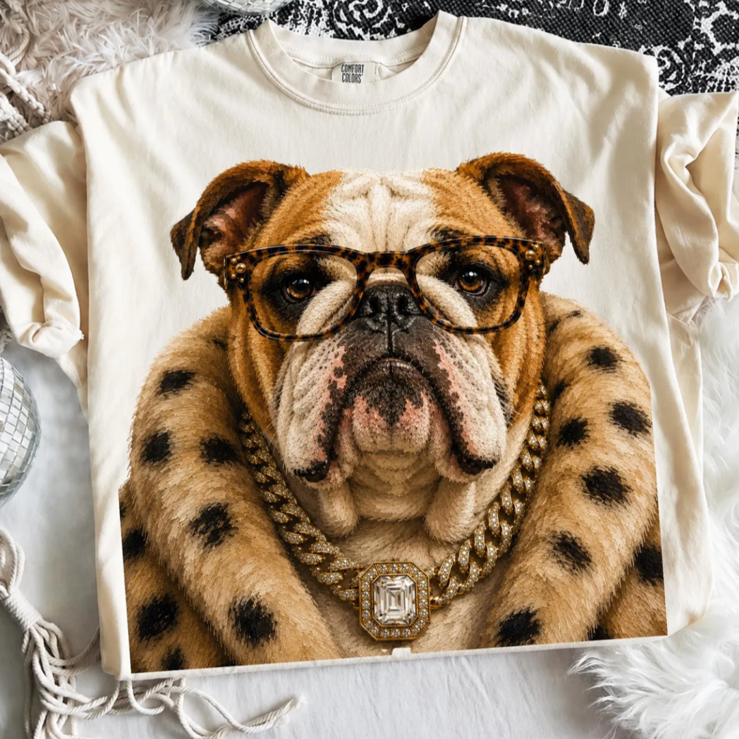 Made to Order | Boujee Bulldog Printed Graphic Design Tee or Sweatshirt in Multiple Printing Options on Ivory