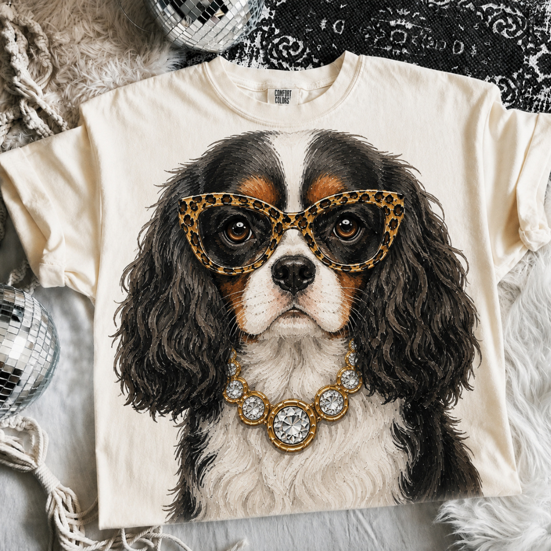 Made to Order | Boujee Cavalier King Charles Spaniel Printed Graphic Design Tee or Sweatshirt in Multiple Printing Options on Ivory