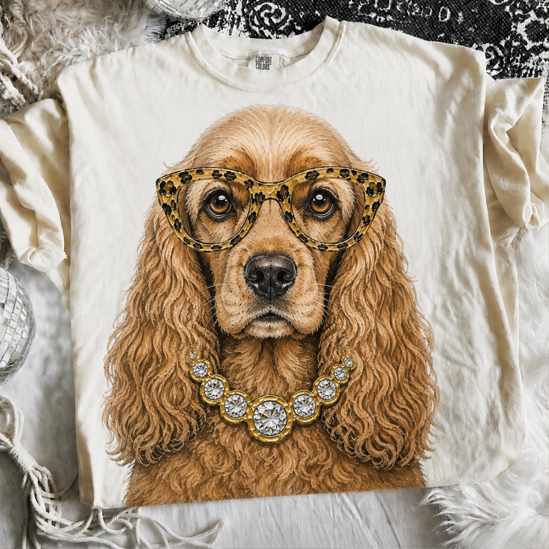 Made to Order | Boujee Cocker Spaniel Printed Graphic Design Tee or Sweatshirt in Multiple Printing Options on Ivory