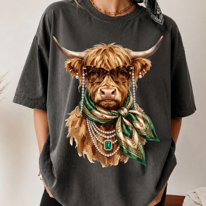 Made to Order | Boujee Emerald Highland Cow Graphic Tee or Sweatshirt in Multiple Printing Options on Ivory or Pepper Black