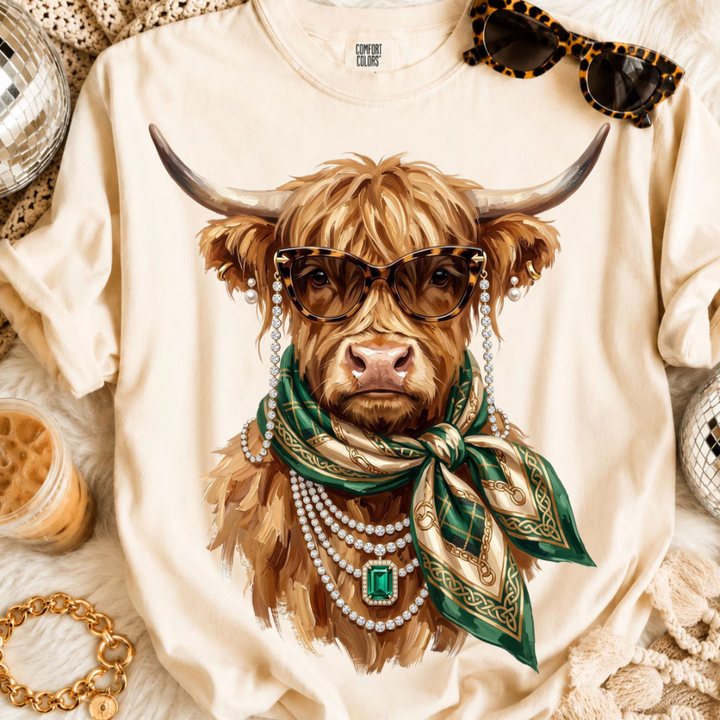 Made to Order | Boujee Emerald Highland Cow Graphic Tee or Sweatshirt in Multiple Printing Options on Ivory or Pepper Black