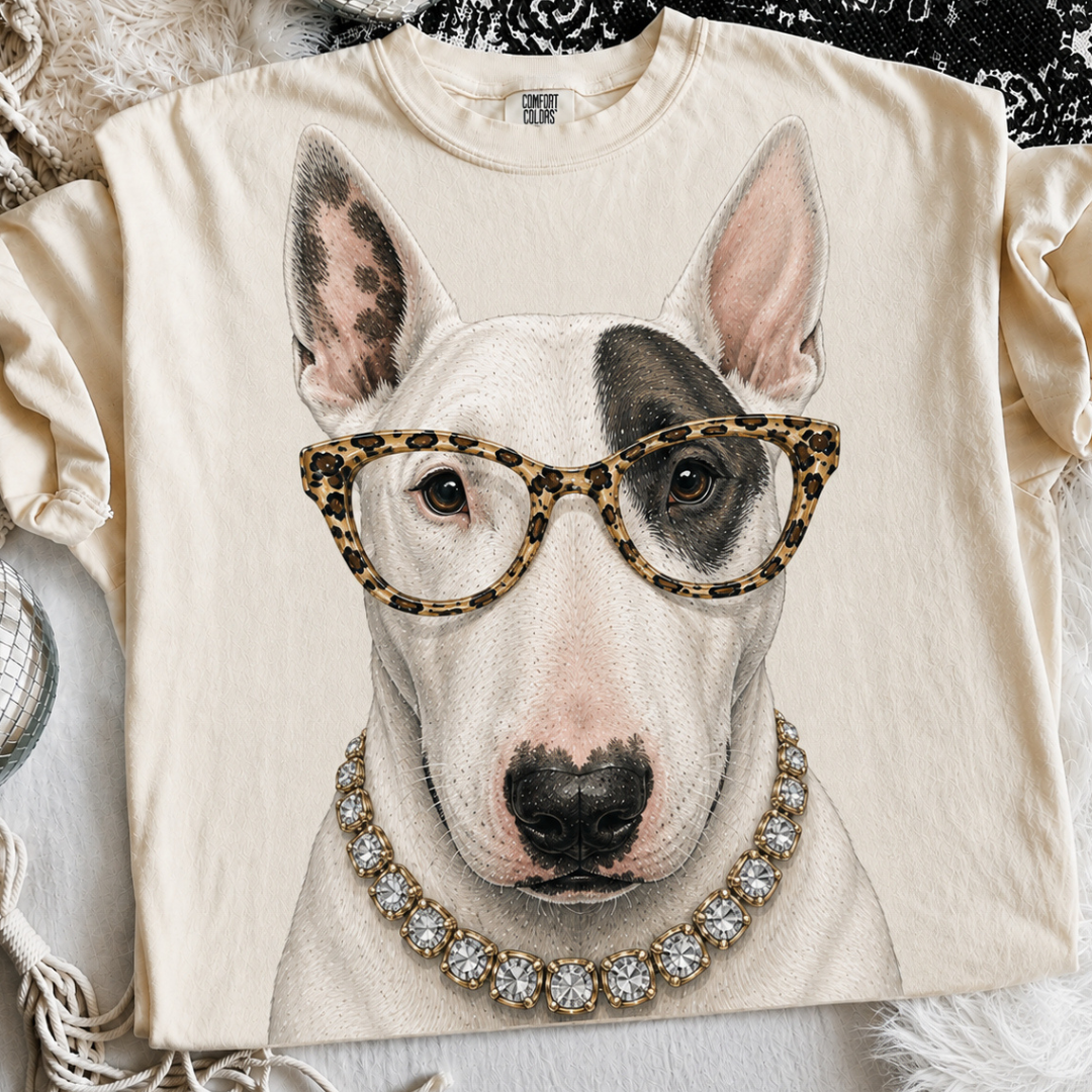 Made to Order | Boujee English Bull Terrier Printed Graphic Design Tee or Sweatshirt in Multiple Printing Options on Ivory