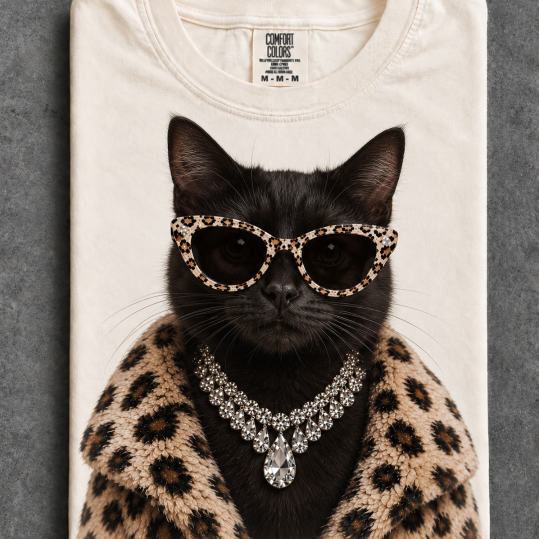 Made to Order | Boujee Fur Coat Energy Black Cat Printed Graphic Design Tee or Sweatshirt in Multiple Printing Options on Ivory