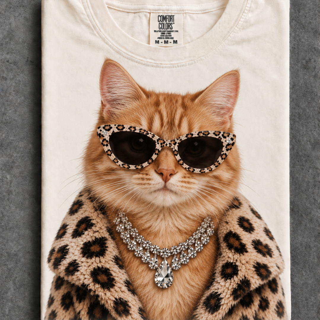 Made to Order | Boujee Fur Coat Energy Orange Cat Printed Graphic Design Tee or Sweatshirt in Multiple Printing Options on Ivory