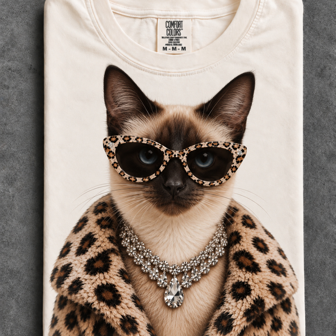 Made to Order | Boujee Fur Coat Energy Siamese Cat Printed Graphic Design Tee or Sweatshirt in Multiple Printing Options on Ivory